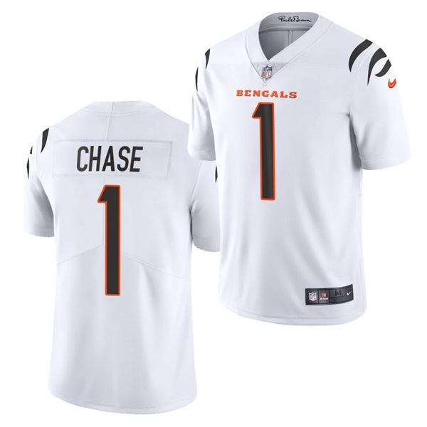 Men's Cincinnati Bengals #1 Ja'Marr Chase White NFL 2021 Draft Vapor Untouchable Limited Stitched Jersey Men's Cincinnati Bengals #1 Ja'Marr Chase White NFL 2021 Draft Vapor Untouchable Limited Stitched Jersey